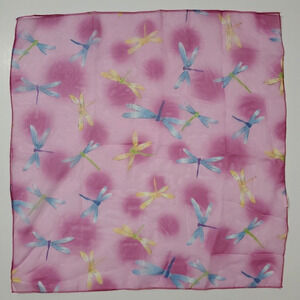Vintage Women's Scarf BLUE AND PINK DRAGONFLY Sheer Chiffon Square 20 X 20